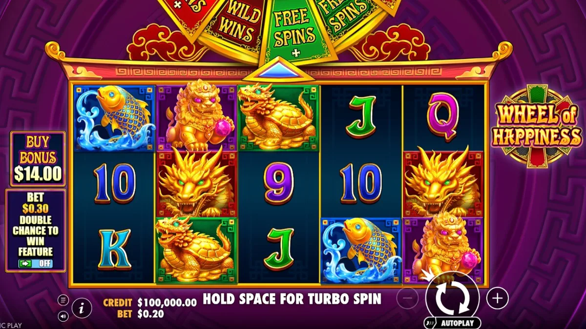Wheel of Happiness slot machine interface na may mga gintong dragon at oriental na disenyo